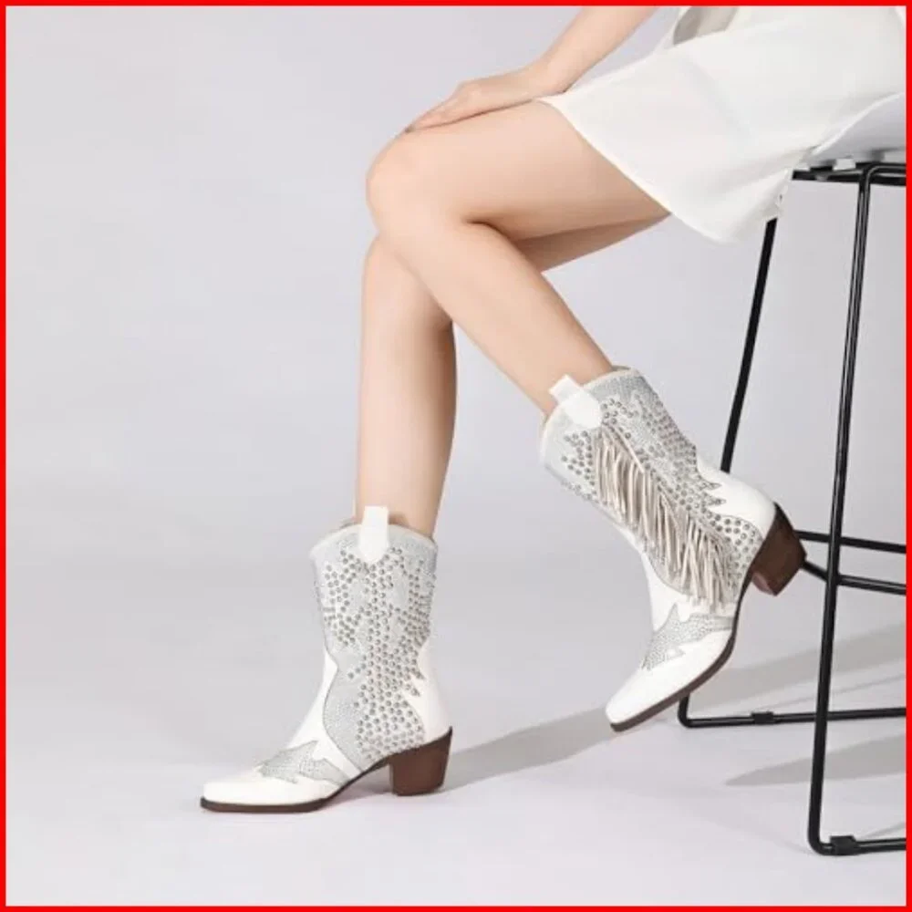 Pointed Toe Rhinestone Western Booties Chunky Heel Slip On Ankle Boots
